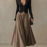 Albane | Ensemble Top en Dentelle et Jupe Maxi Suédine, Noir et Taupe