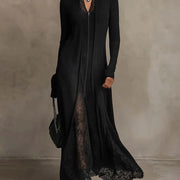 Solenne | Robe Maxi en Maille Côtelée à Dentelle, Noire