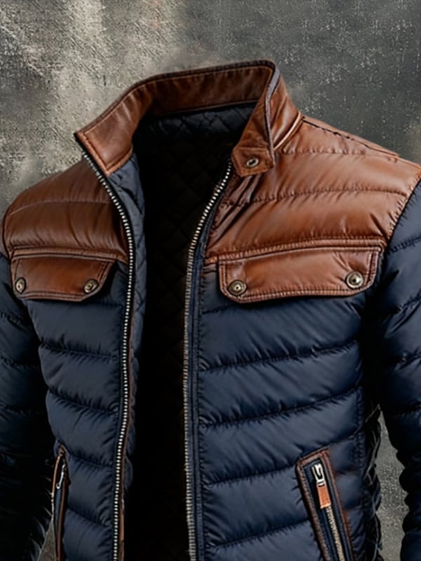 Christoph | Veste d'hiver bleu foncé pour homme avec empiècements marron aux épaules