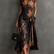 Robe Portefeuille Mi-longue à Imprimé Abstrait Marron Noir