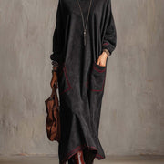 Marielle | Robe Maxi en Suédine Noire à Coutures Contrastées Rouges et Poches Plaquées