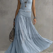 Ensemble Haut et Jupe Maxi Plissée en Dentelle Bleue