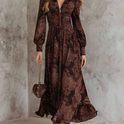 Oriane | Robe Maxi Taille Haute à Zip Imprimé Paisley Marron