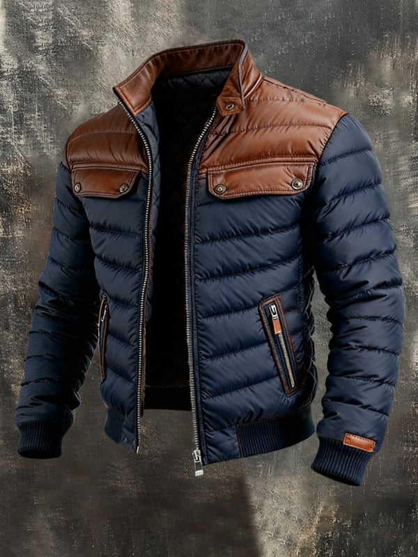 Christoph | Veste d'hiver bleu foncé pour homme avec empiècements marron aux épaules