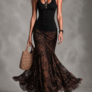 Ensemble débardeur noir rétro et jupe en tulle imprimée marron