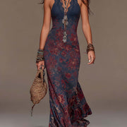 Robe longue rétro en dentelle à licol, imprimé floral à queue de poisson