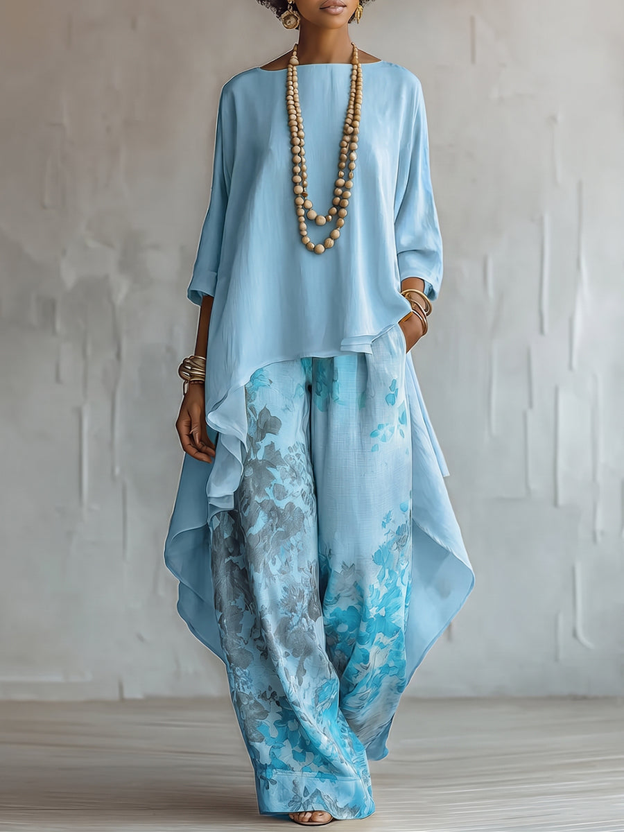 Ensemble haut asymétrique bleu et pantalon large à fleurs