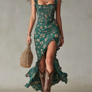 Robe longue imprimée verte bohème à volants