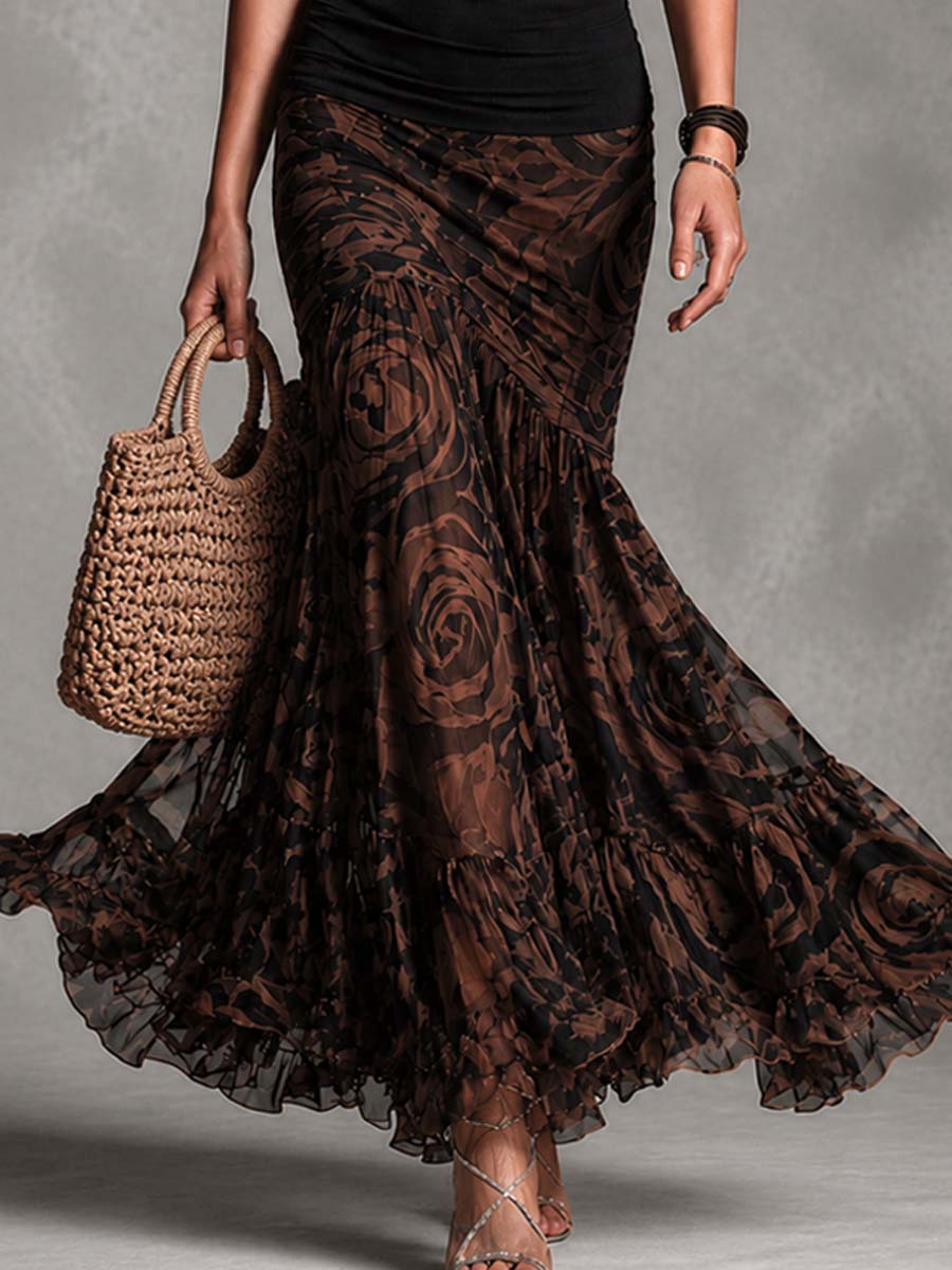 Ensemble débardeur noir rétro et jupe en tulle imprimée marron