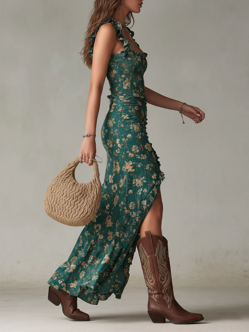 Robe longue imprimée verte bohème à volants