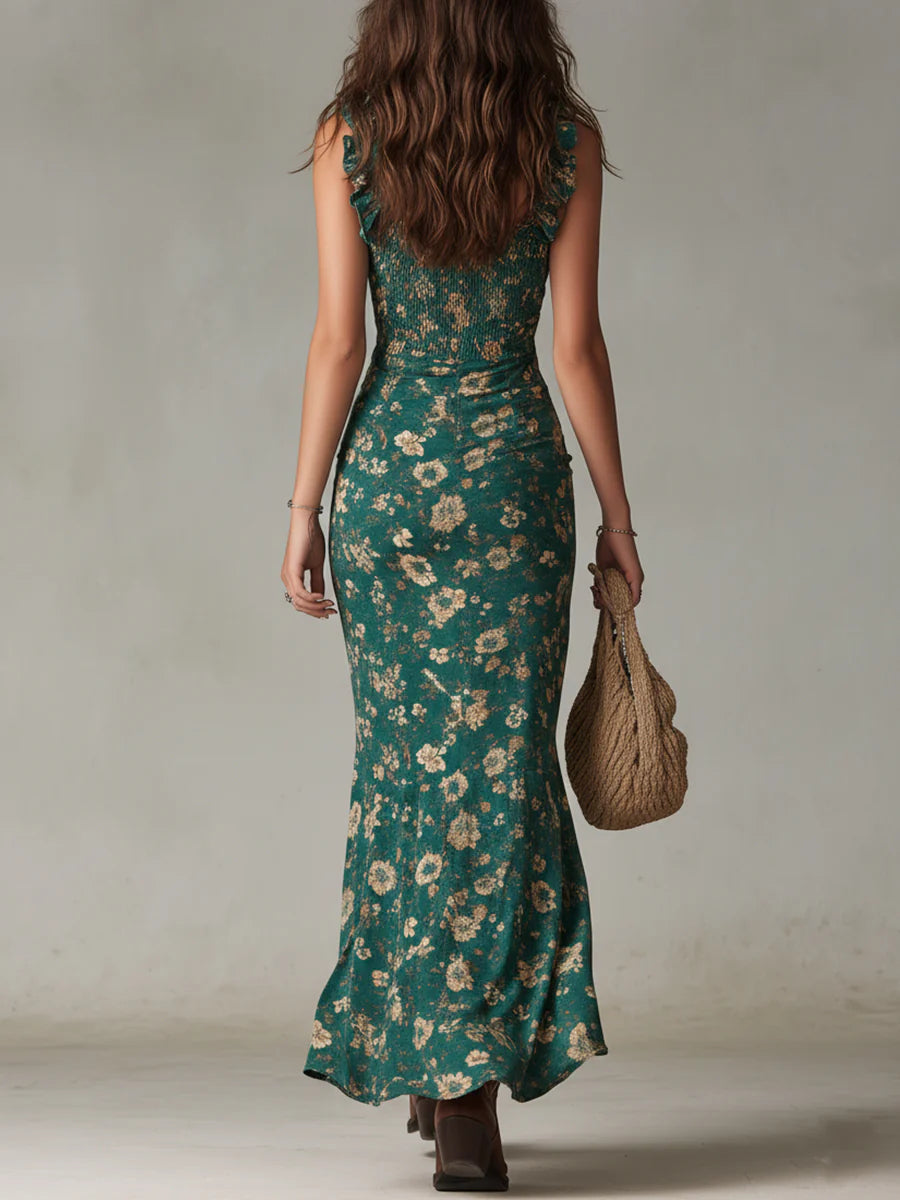 Robe longue imprimée verte bohème à volants
