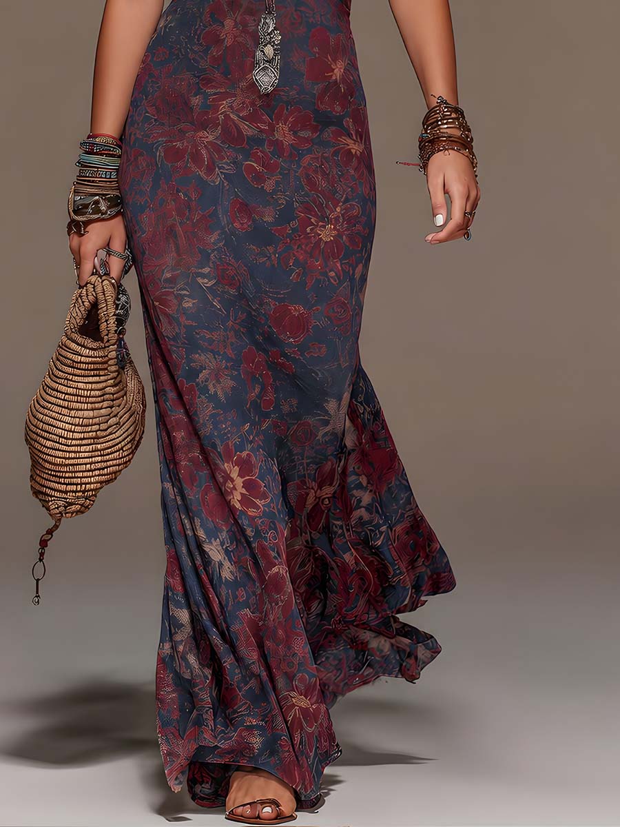 Robe longue rétro en dentelle à licol, imprimé floral à queue de poisson