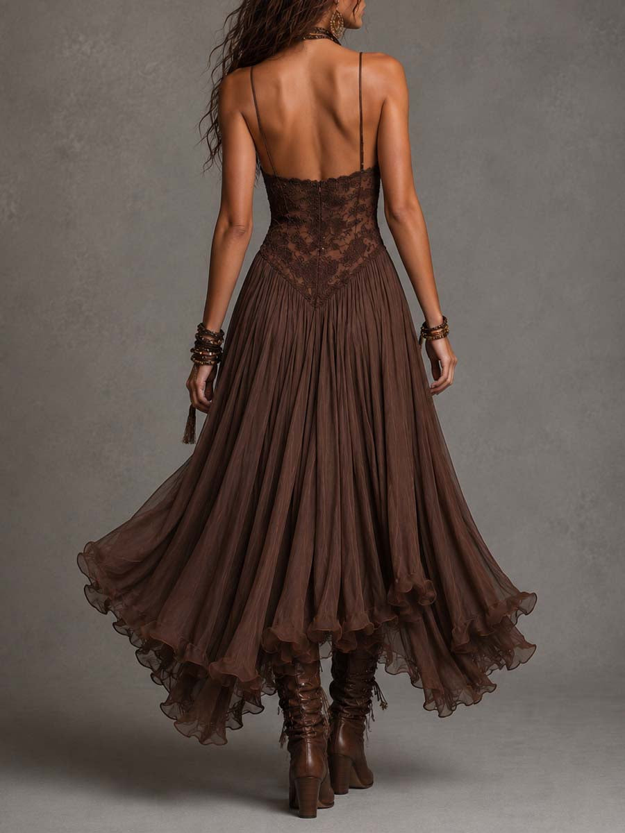 Robe longue en dentelle brun foncé à pans en mousseline