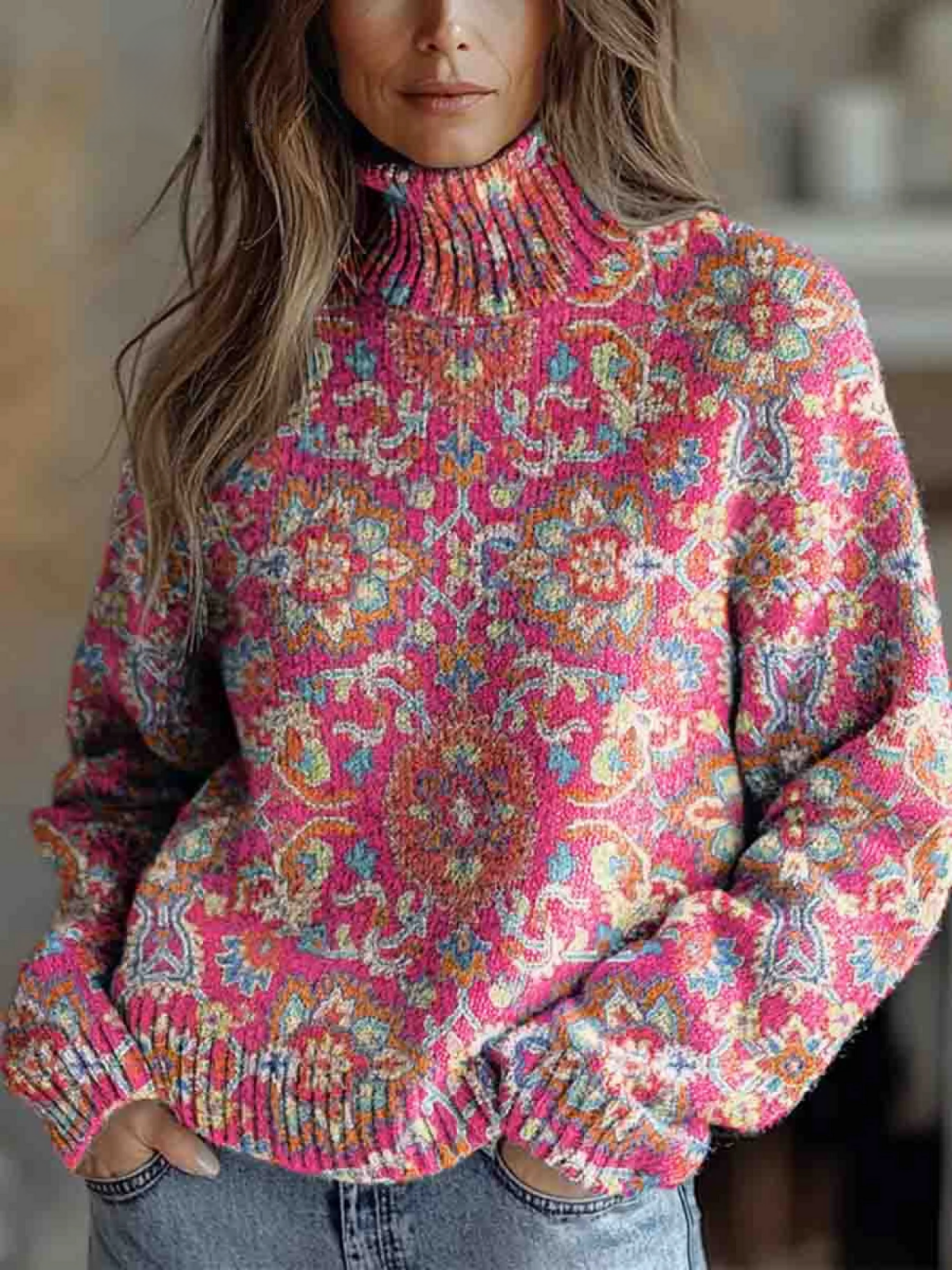DELAUNAY | Pull Col Montant Paisley Rose Margot