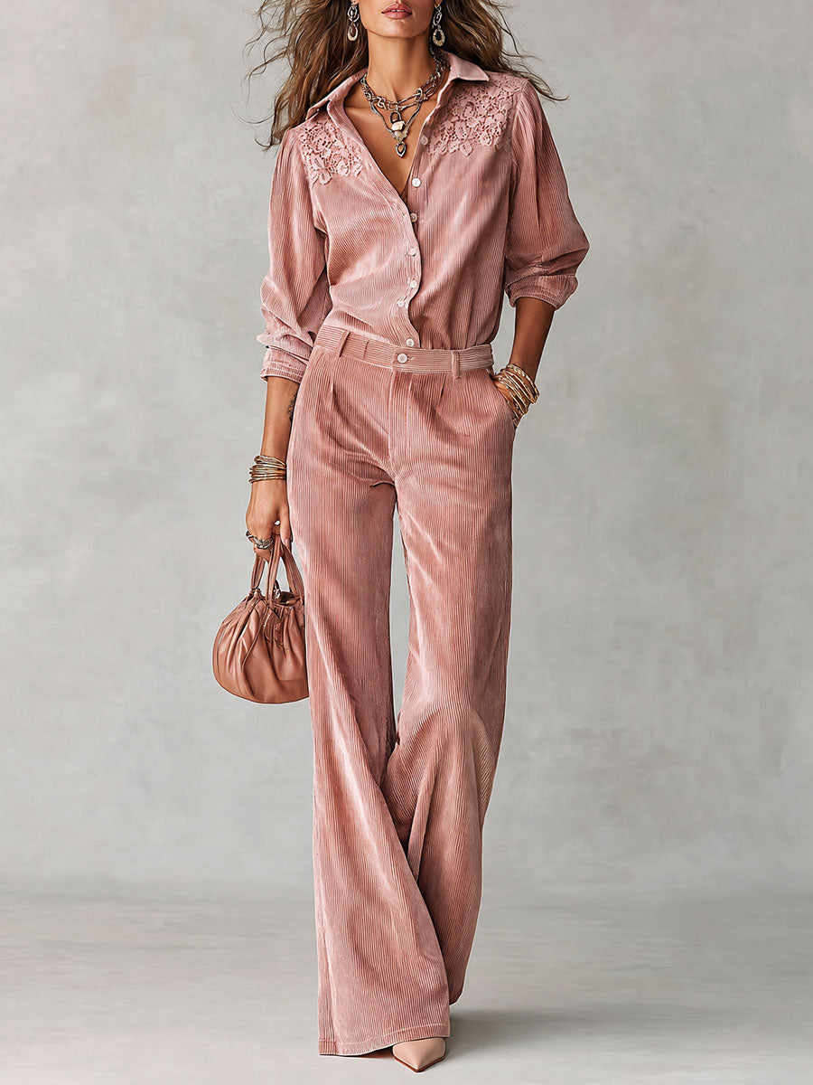 Ensemble Chemise & Pantalon Jambe Large en Velours Boho à Dentelle