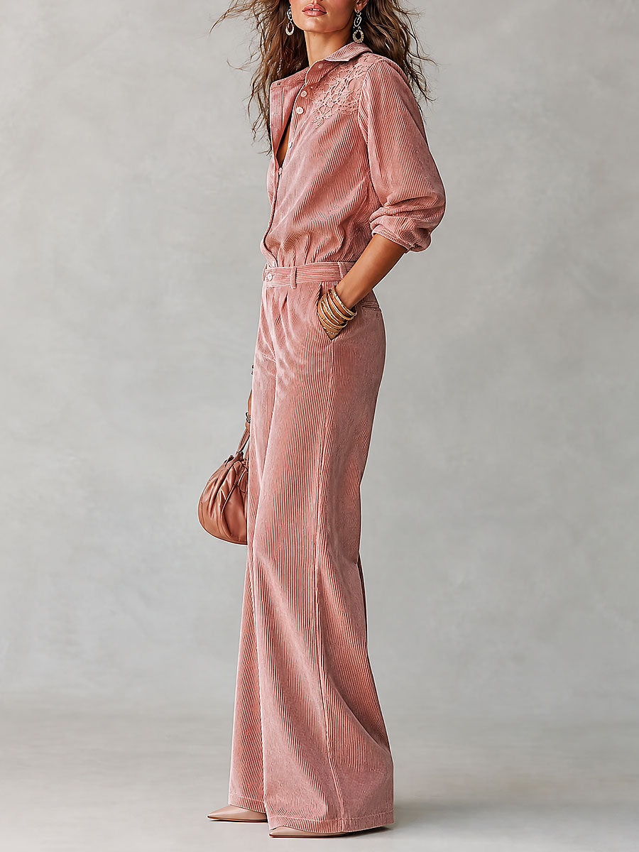Ensemble Chemise & Pantalon Jambe Large en Velours Boho à Dentelle