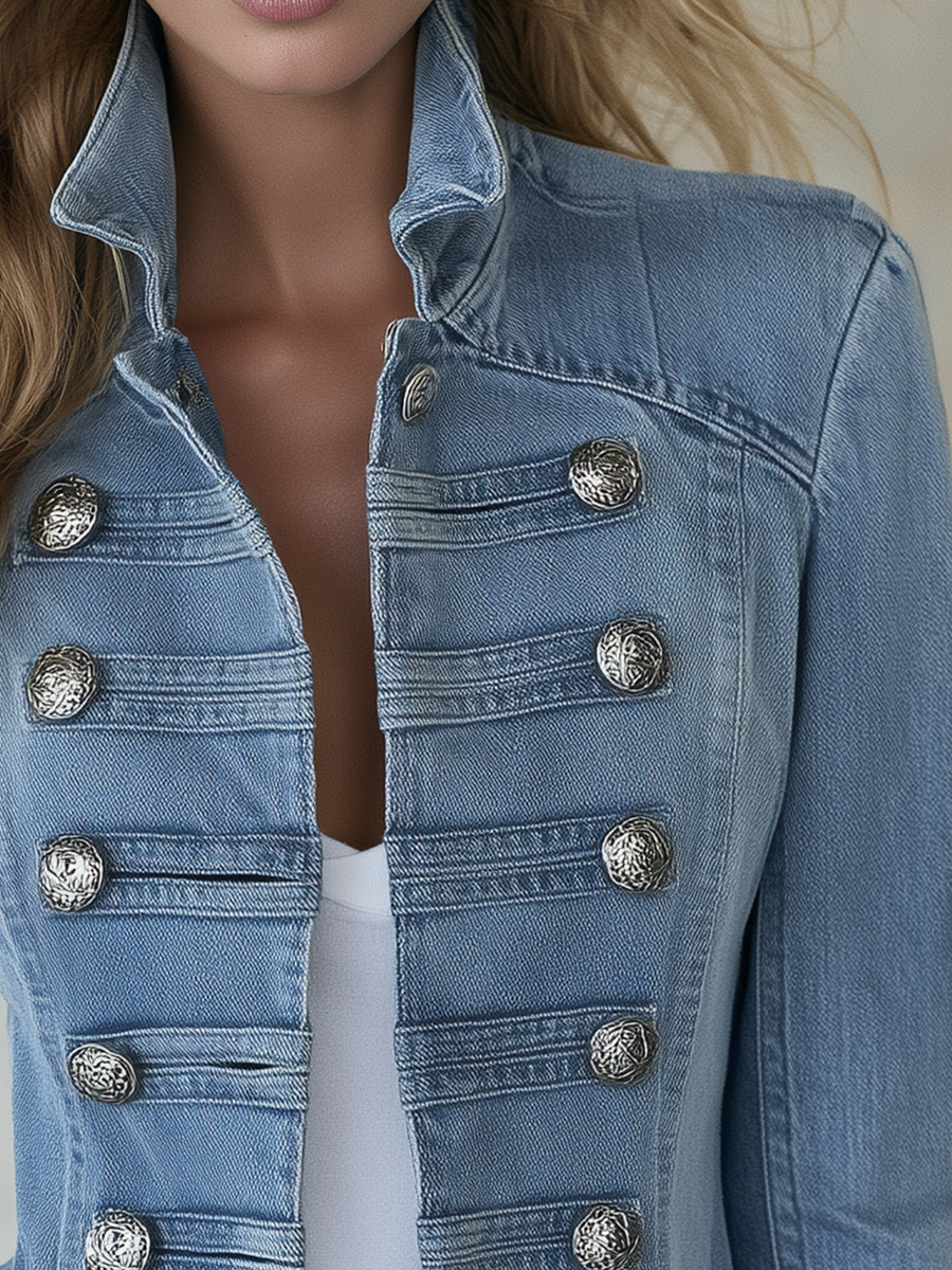 Émilie – Veste en jean militaire à col montant