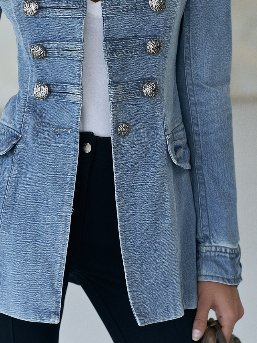 Émilie – Veste en jean militaire à col montant