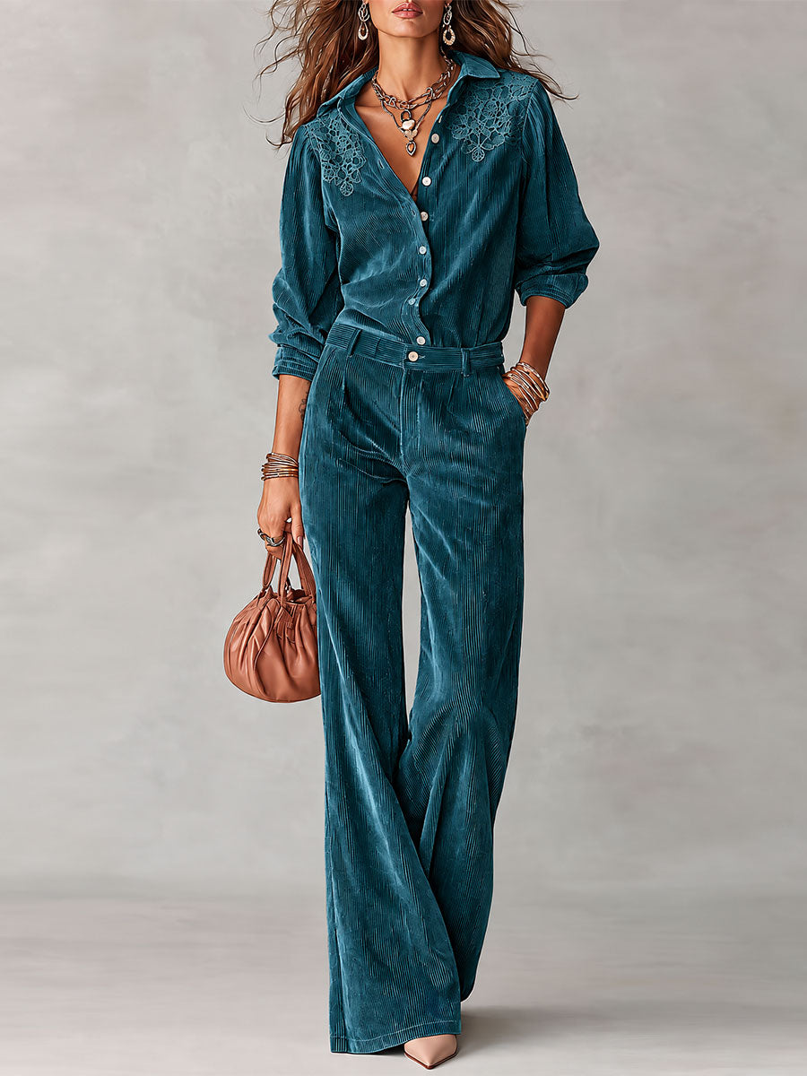 Ensemble Chemise & Pantalon Jambe Large en Velours Boho à Dentelle