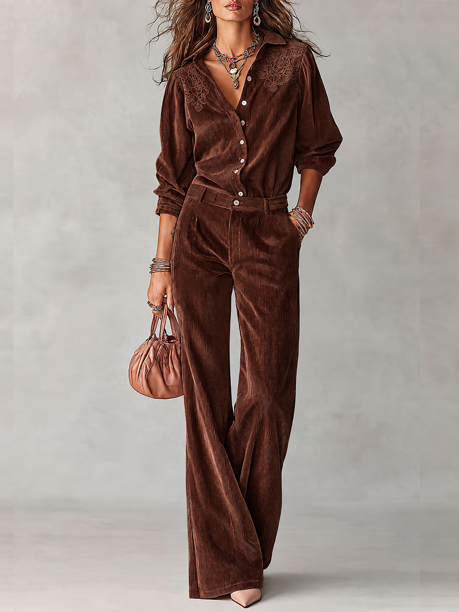 Ensemble Chemise & Pantalon Jambe Large en Velours Boho à Dentelle