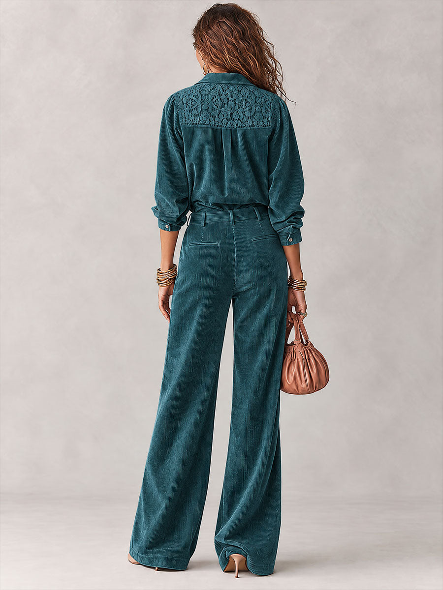 Ensemble Chemise & Pantalon Jambe Large en Velours Boho à Dentelle