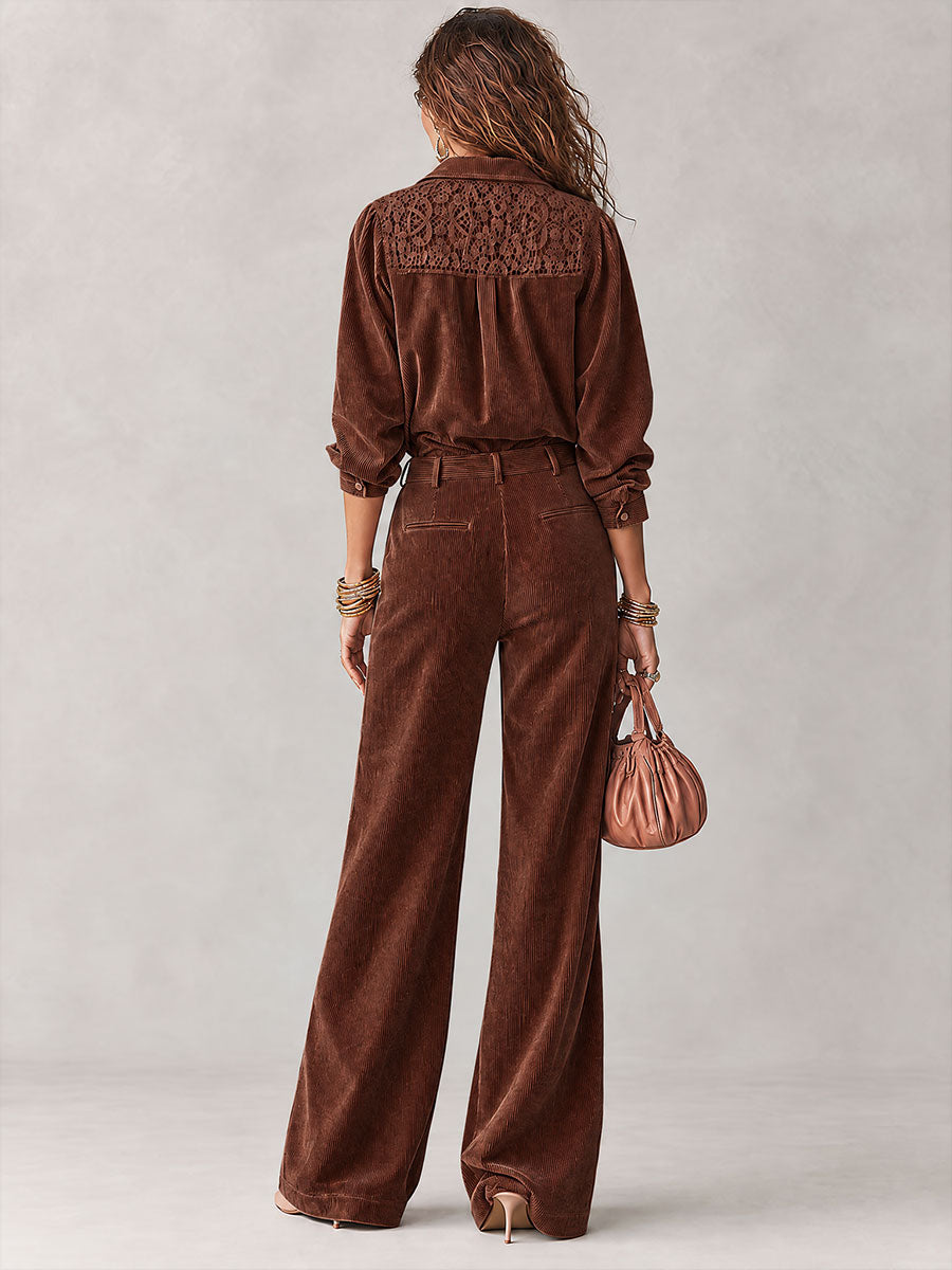 Ensemble Chemise & Pantalon Jambe Large en Velours Boho à Dentelle