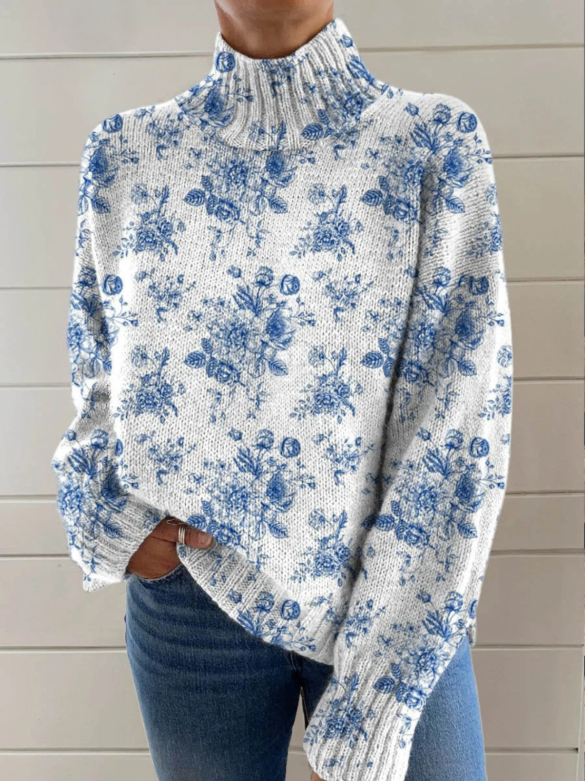 DELAUNAY | Pull Col Montant Fleurs Bleues Pauline