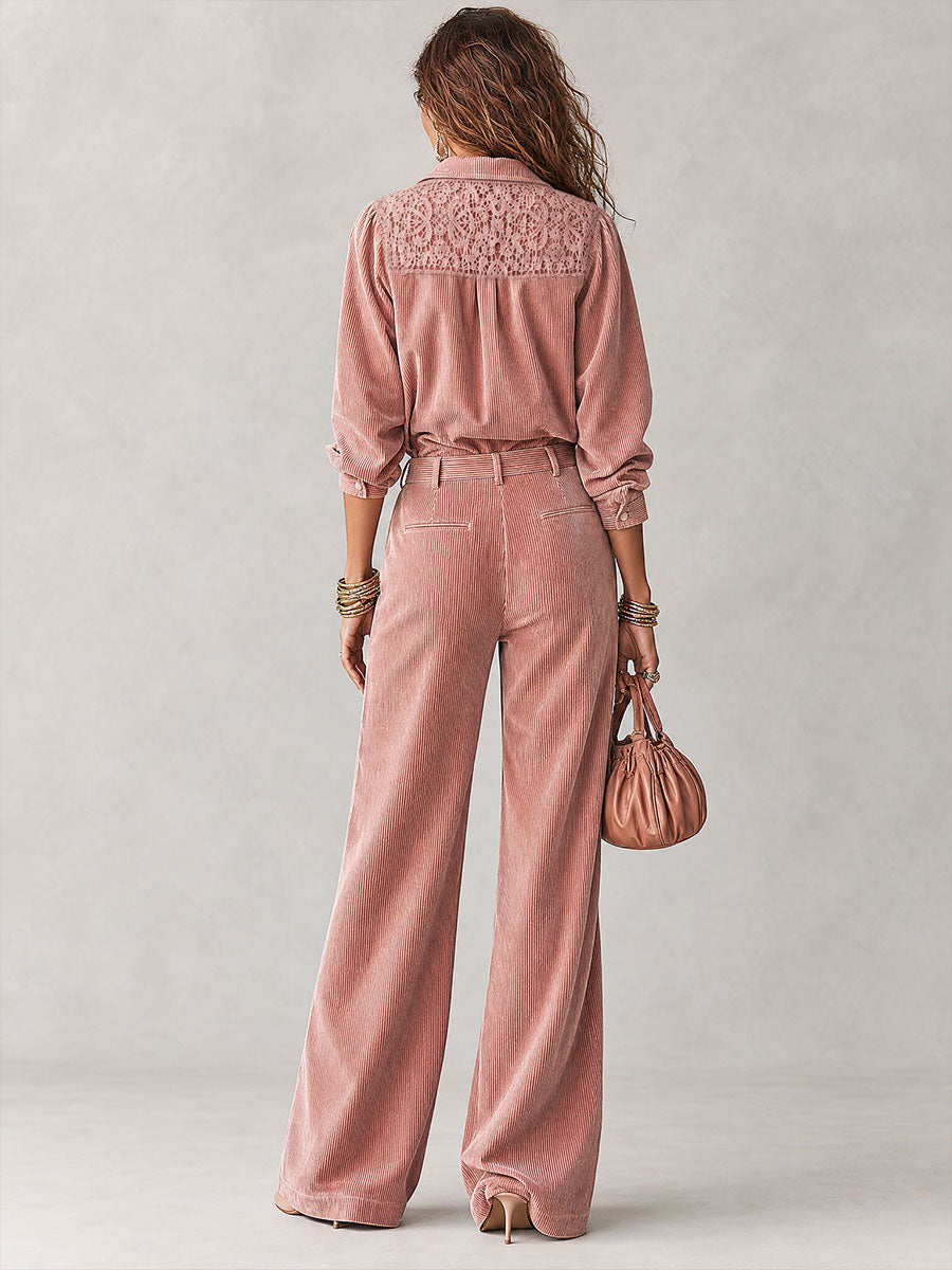 Ensemble Chemise & Pantalon Jambe Large en Velours Boho à Dentelle