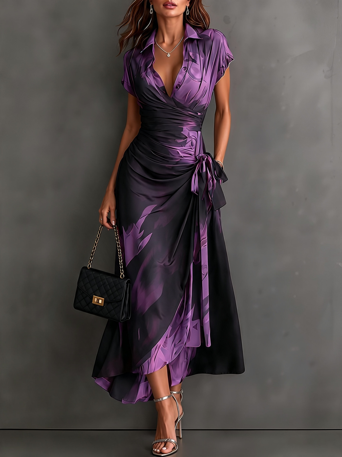 Robe Portefeuille Mi-longue à Imprimé Abstrait Marron Noir