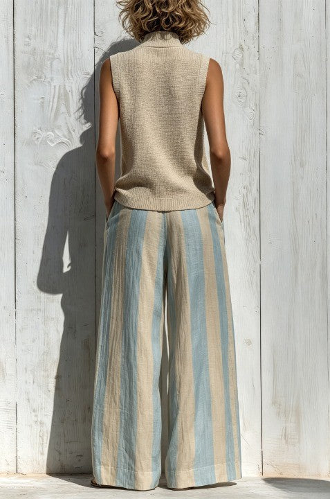 Ensemble haut sans manches casual et pantalon large à rayures