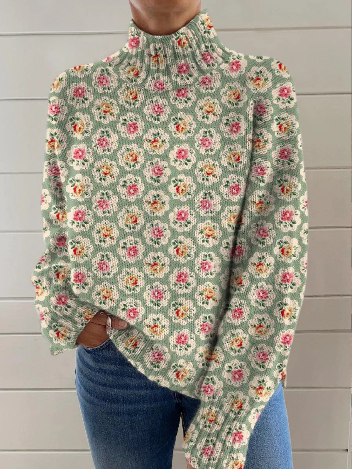 DELAUNAY | Pull Col Montant Petites Roses Aveline