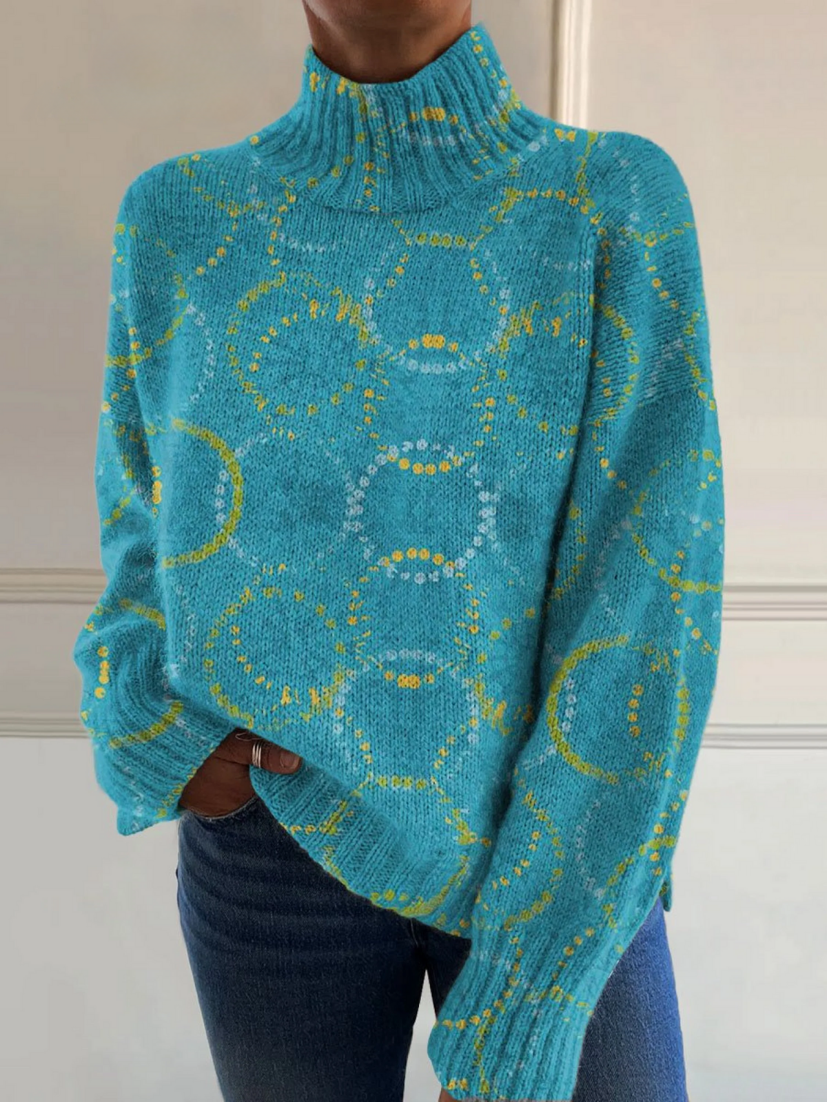 DELAUNAY | Pull Col Montant Cercles Turquoise Catherine