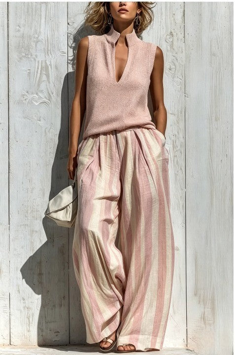 Ensemble haut sans manches casual et pantalon large à rayures