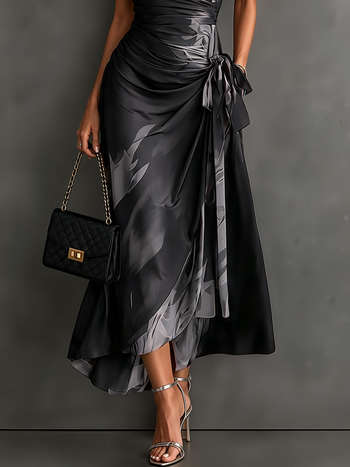 Robe Portefeuille Mi-longue à Imprimé Abstrait Marron Noir