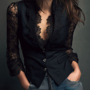 Noémie | Haut Blazer Noir avec Manches Semi-Transparentes