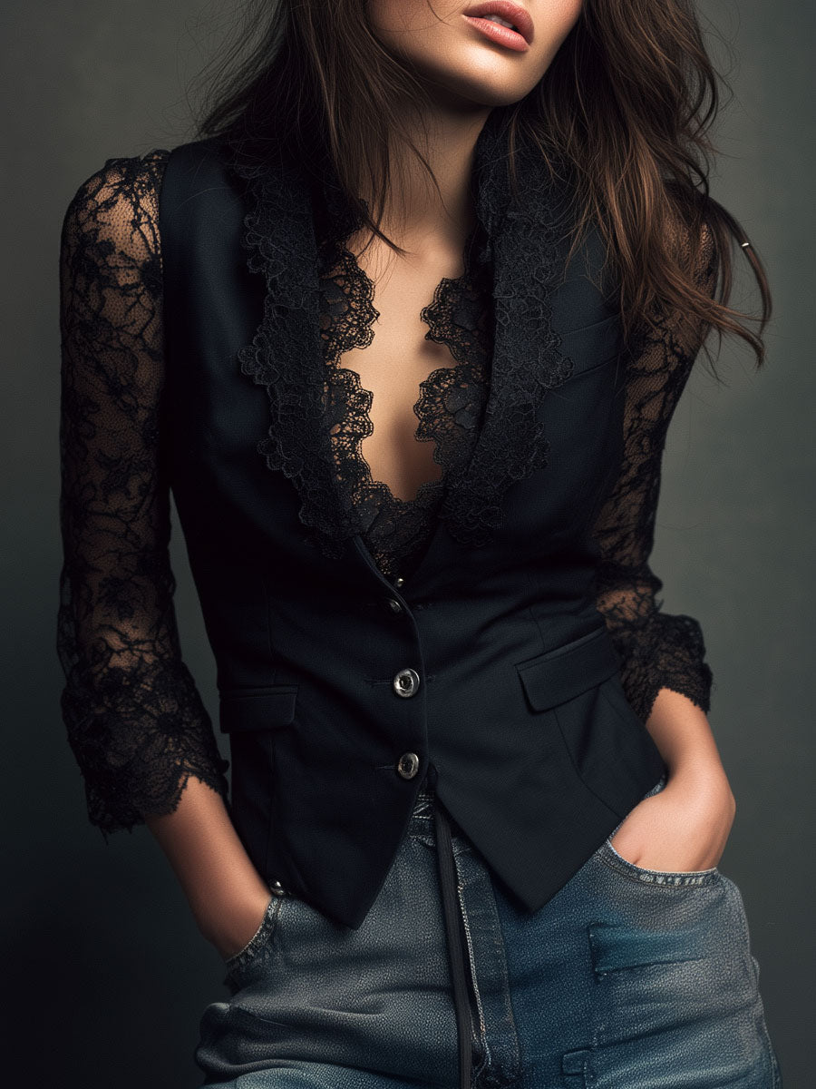 Noémie | Haut Blazer Noir avec Manches Semi-Transparentes