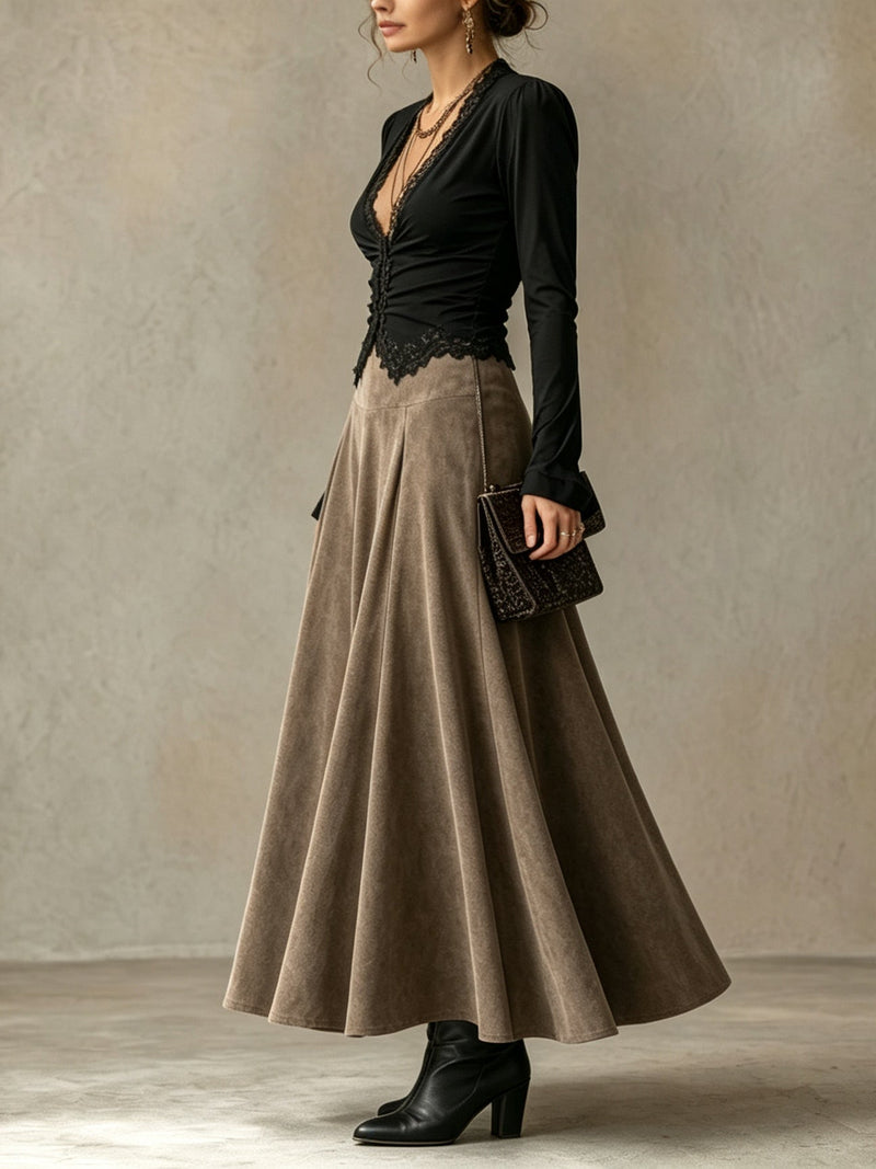 Albane | Ensemble Top en Dentelle et Jupe Maxi Suédine, Noir et Taupe