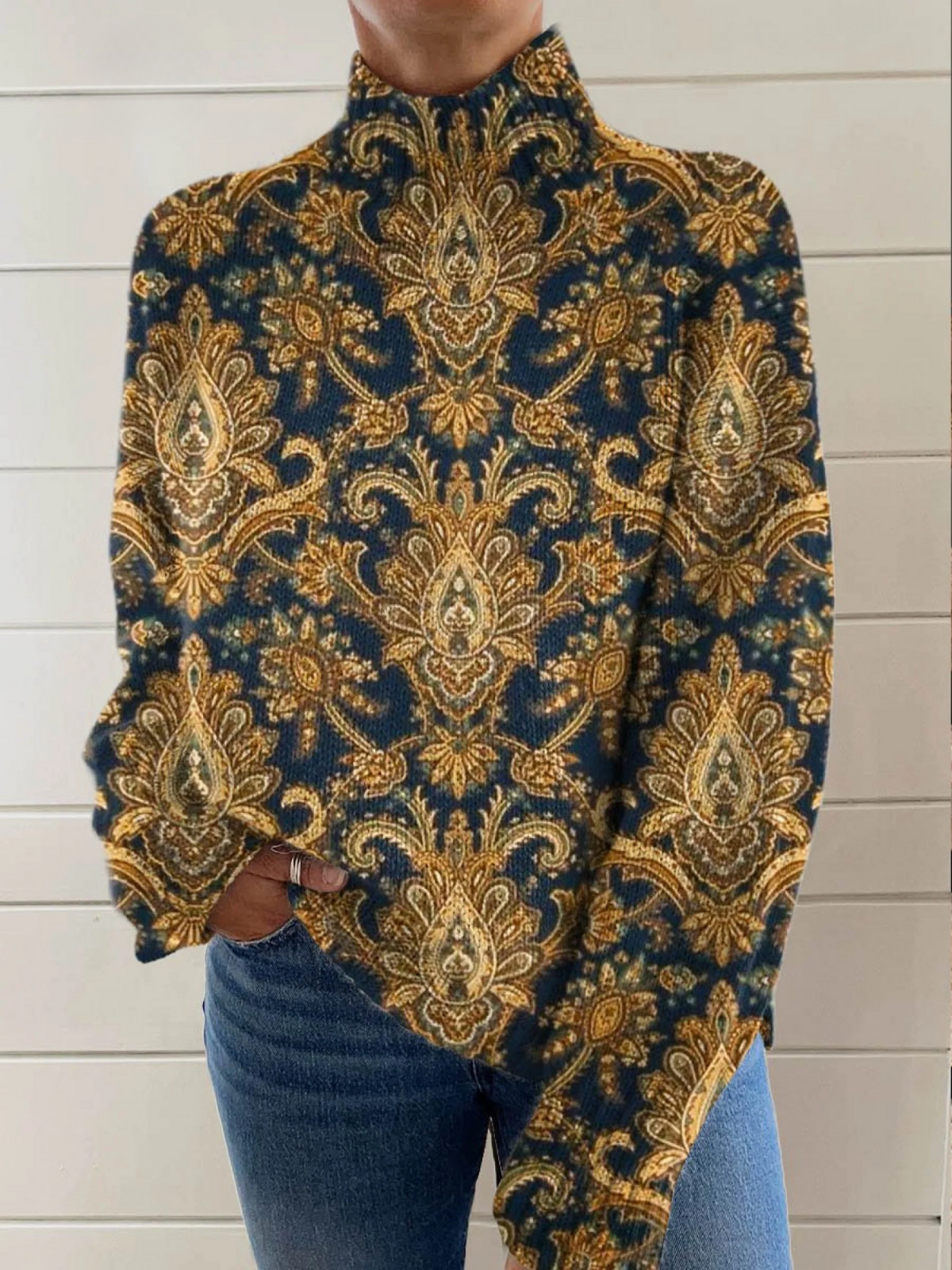 DELAUNAY | Pull Col Montant Damassé Doré Marie