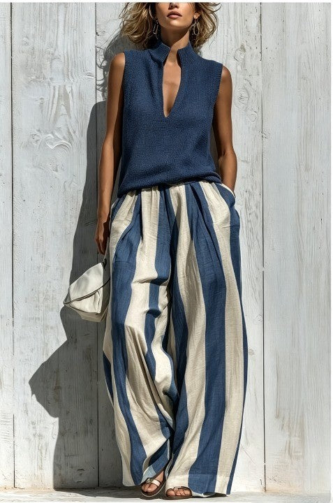 Ensemble haut sans manches casual et pantalon large à rayures
