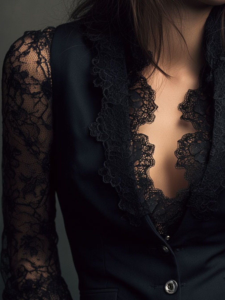 Noémie | Haut Blazer Noir avec Manches Semi-Transparentes