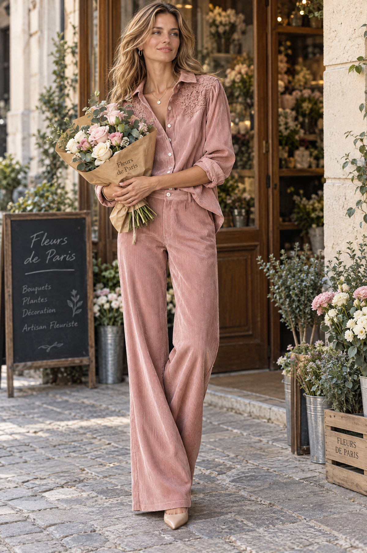 Ensemble Chemise & Pantalon Jambe Large en Velours Boho à Dentelle
