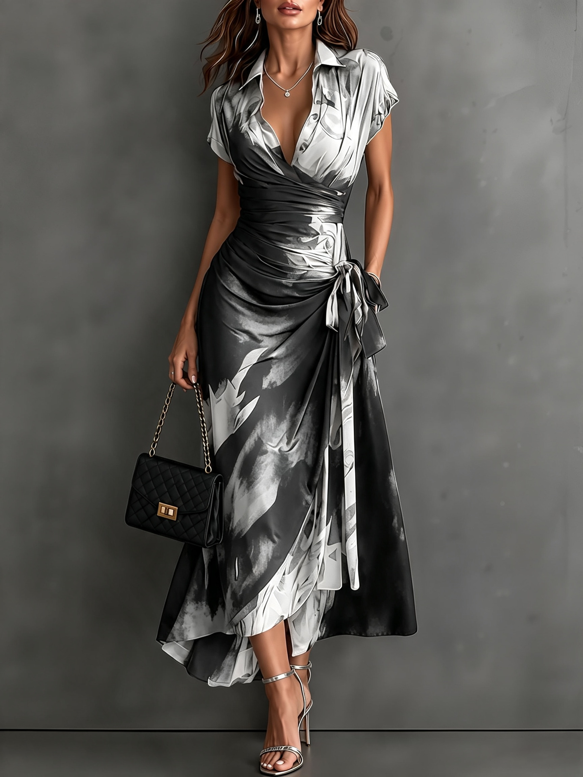 Robe Portefeuille Mi-longue à Imprimé Abstrait Marron Noir