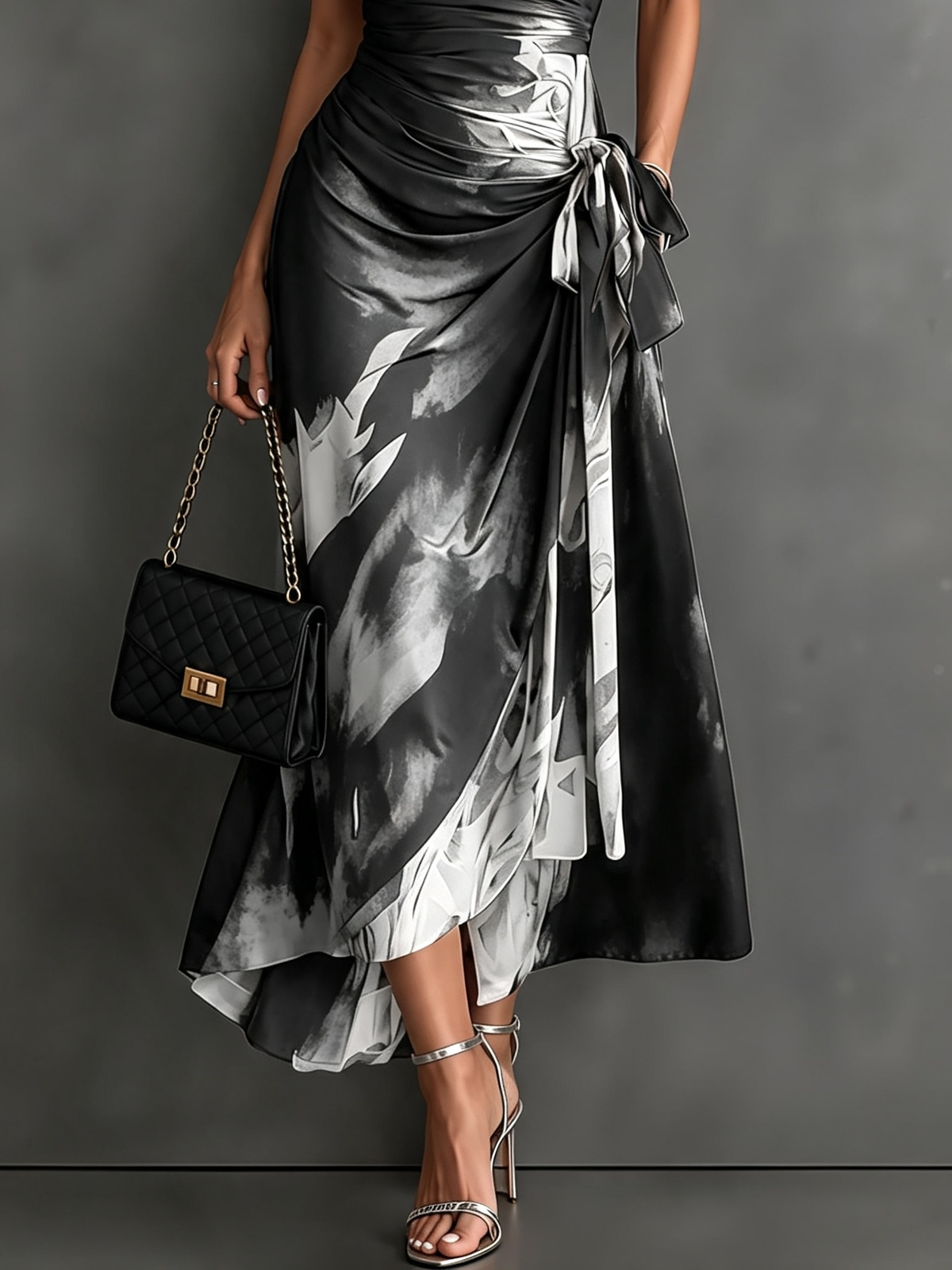 Robe Portefeuille Mi-longue à Imprimé Abstrait Marron Noir