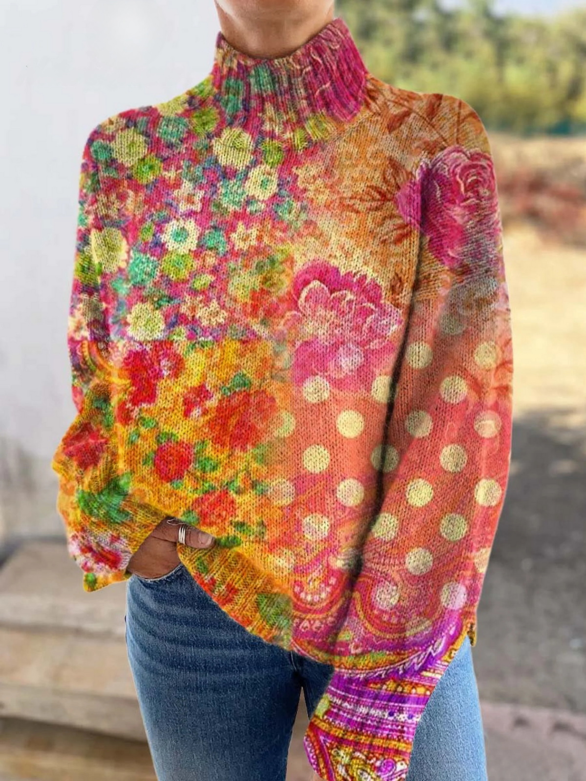 DELAUNAY | Pull Col Montant Jardin Corail Véronique