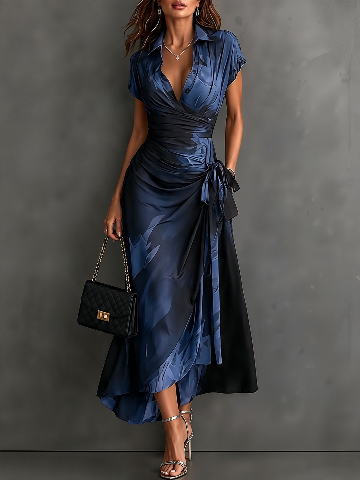 Robe Portefeuille Mi-longue à Imprimé Abstrait Marron Noir