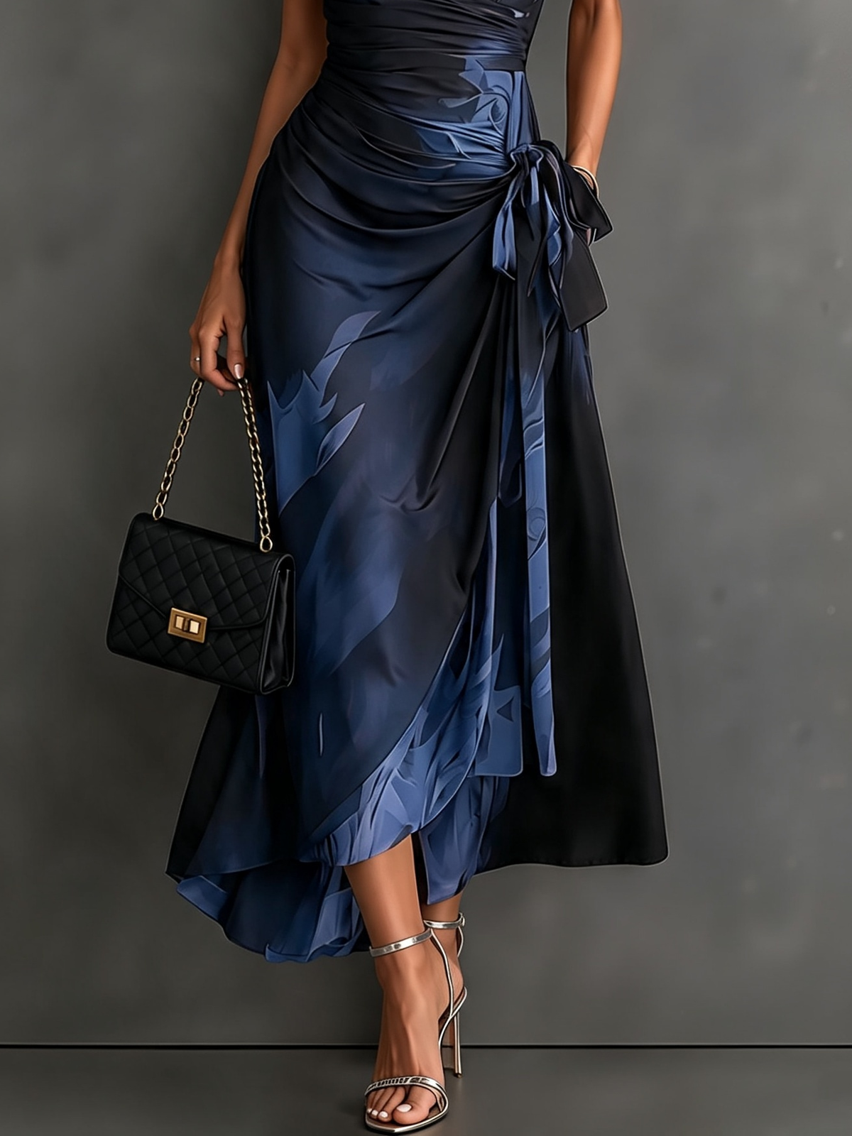 Robe Portefeuille Mi-longue à Imprimé Abstrait Marron Noir