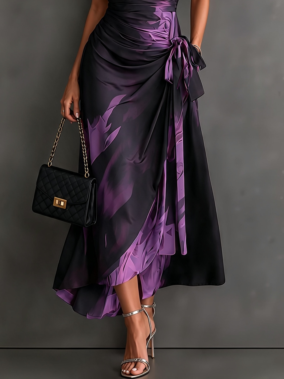 Robe Portefeuille Mi-longue à Imprimé Abstrait Marron Noir