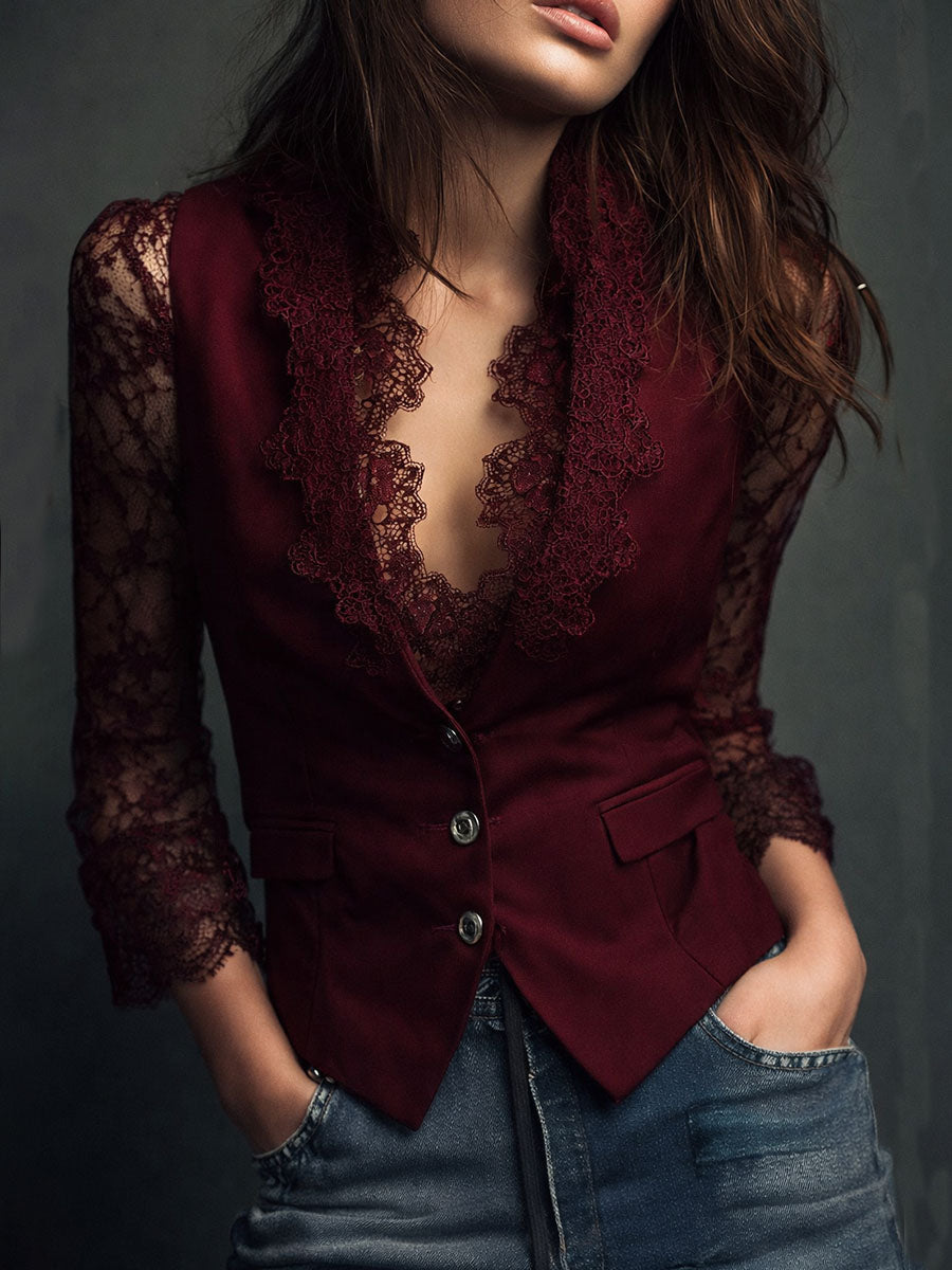 Noémie | Haut Blazer Noir avec Manches Semi-Transparentes