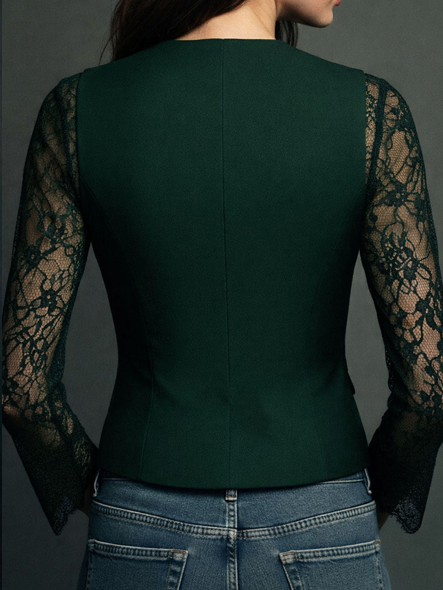 Noémie | Haut Blazer Noir avec Manches Semi-Transparentes