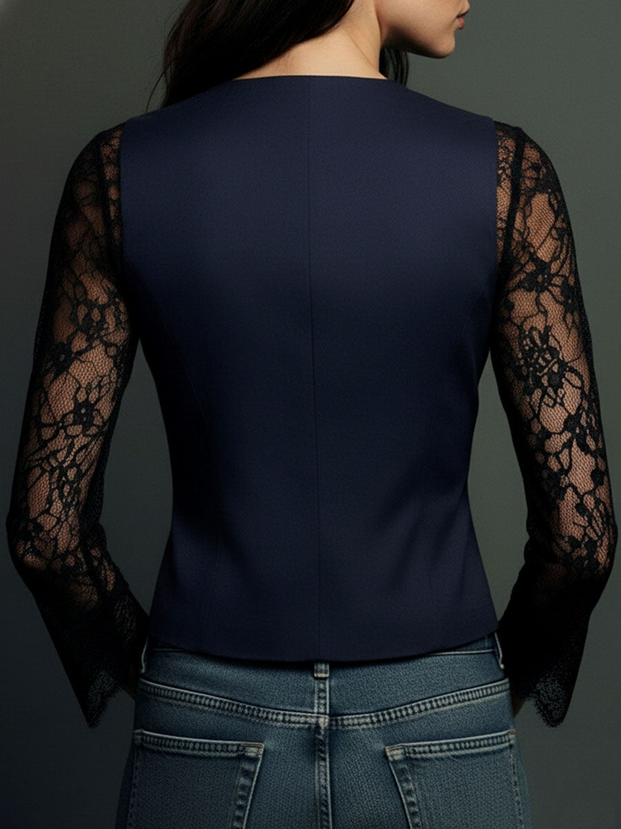 Noémie | Haut Blazer Noir avec Manches Semi-Transparentes